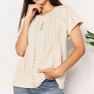 NEW DOUBLE TAKE women's off white Woven Crochet Eyelet Boho Short Sleeve Top